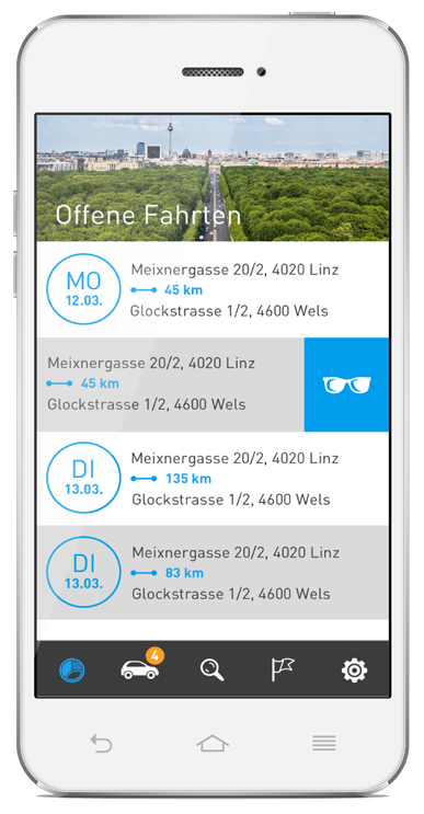 Fahrten einfach zuordnen in der App Elektronisches Fahrtenbuch AutoLogg - Fahrten zuordnen in der App - Screen Privatfahrt Auswahl
