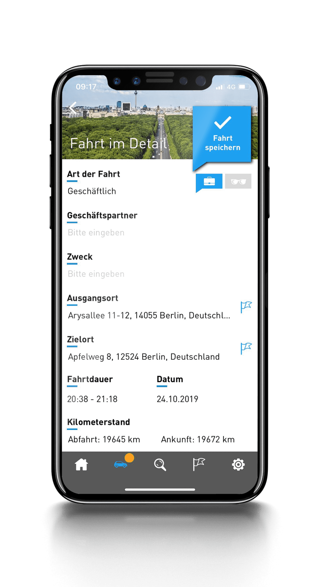 Geschäftsfahrt zugeordnet? Dann einfach Zweck und Geschäftspartner hinzufügen - alternativ auch Arbeitsweg u. Notizen