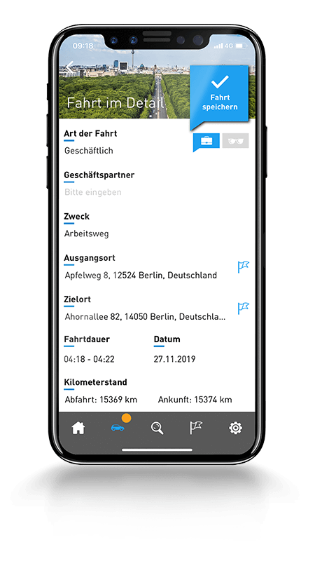 Geschäftsfahrt zugeordnet? Dann einfach Zweck und Geschäftspartner hinzufügen - alternativ auch Arbeitsweg u. Notizen